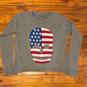 Gray Sweater with American Flag Skull Design. Poof brand, worn once!